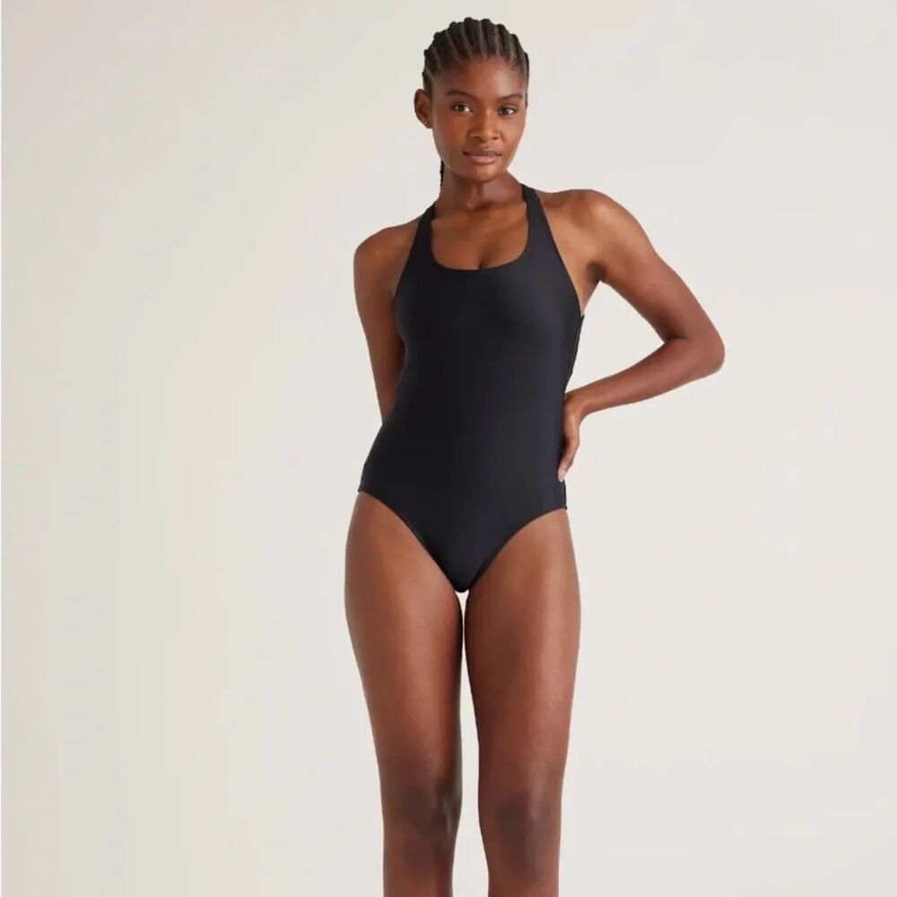 Quince Italian Black Cross-Back Scoop Neck One-Piece Swimsuit S